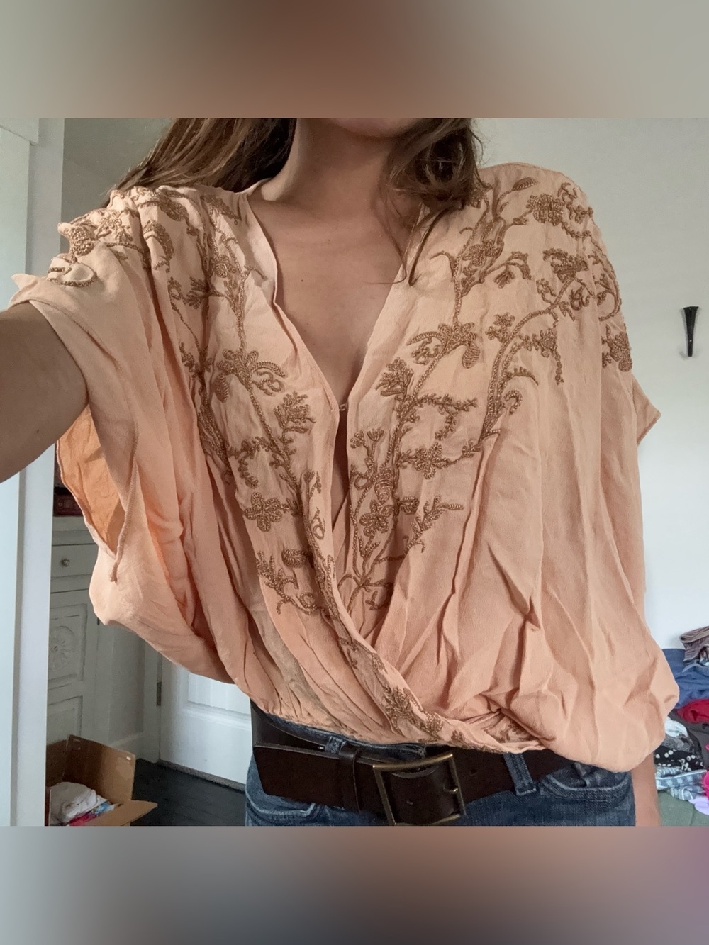 Free People Intimately Embroidered Metallic Wrap Bodysuit Boho Slouchy Peach M